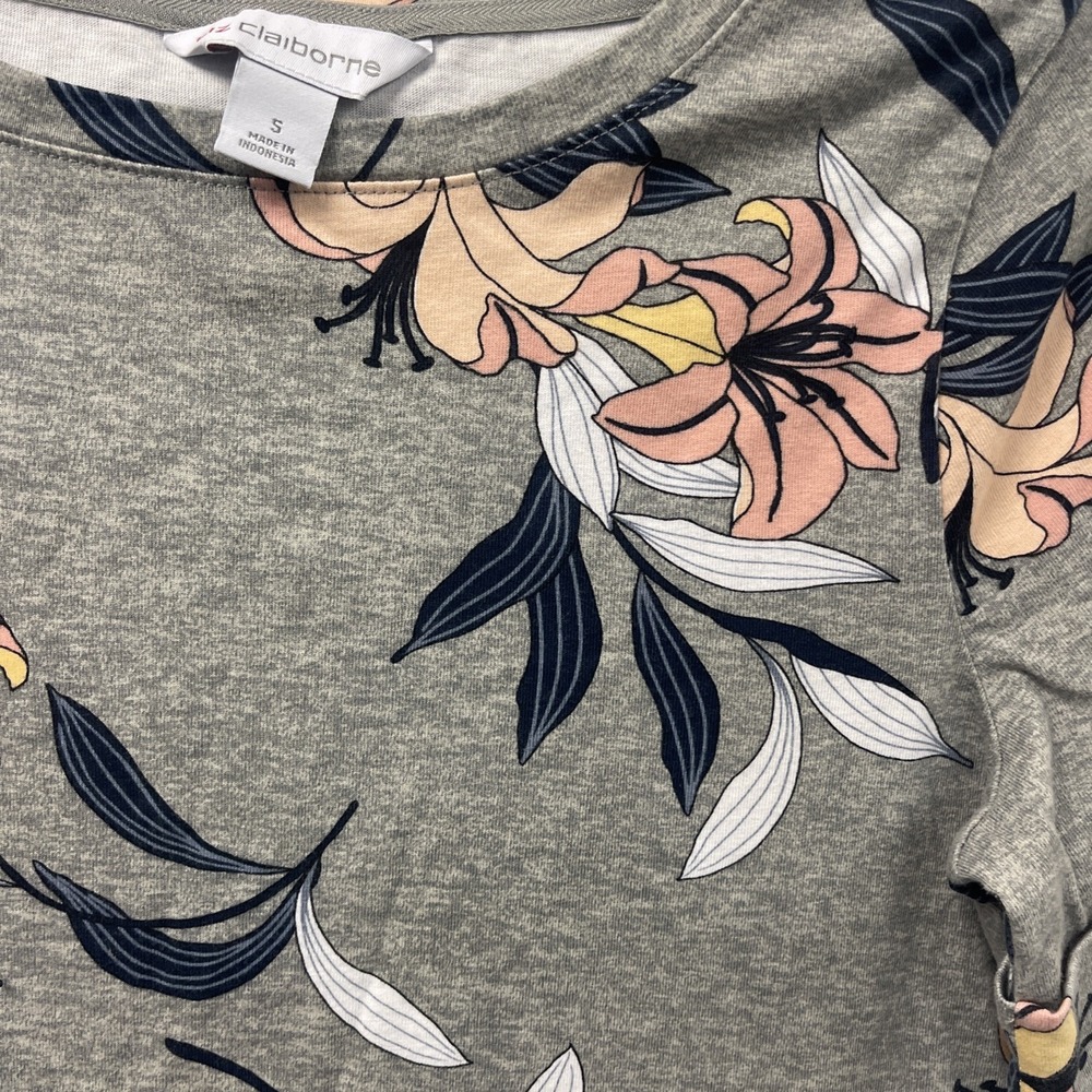 Liz Claiborne T-Shirt Gray Heather /Peach Floral Short Slv Cotton Top ~ Size S - Picture 3 of 7
